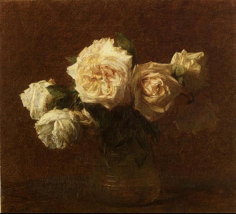 Henri Fantin-Latour Yellow Pink Roses in a Glass Vase